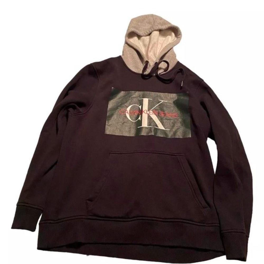 CK Calvin Klein Jeans Hoodie Sweatshirt Mens Size L Logo Pullover Black/White